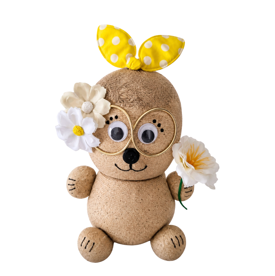 KoKo Sunny Daisy handmade grass head buddy with white flowers and yellow bow 🌼☀️💛